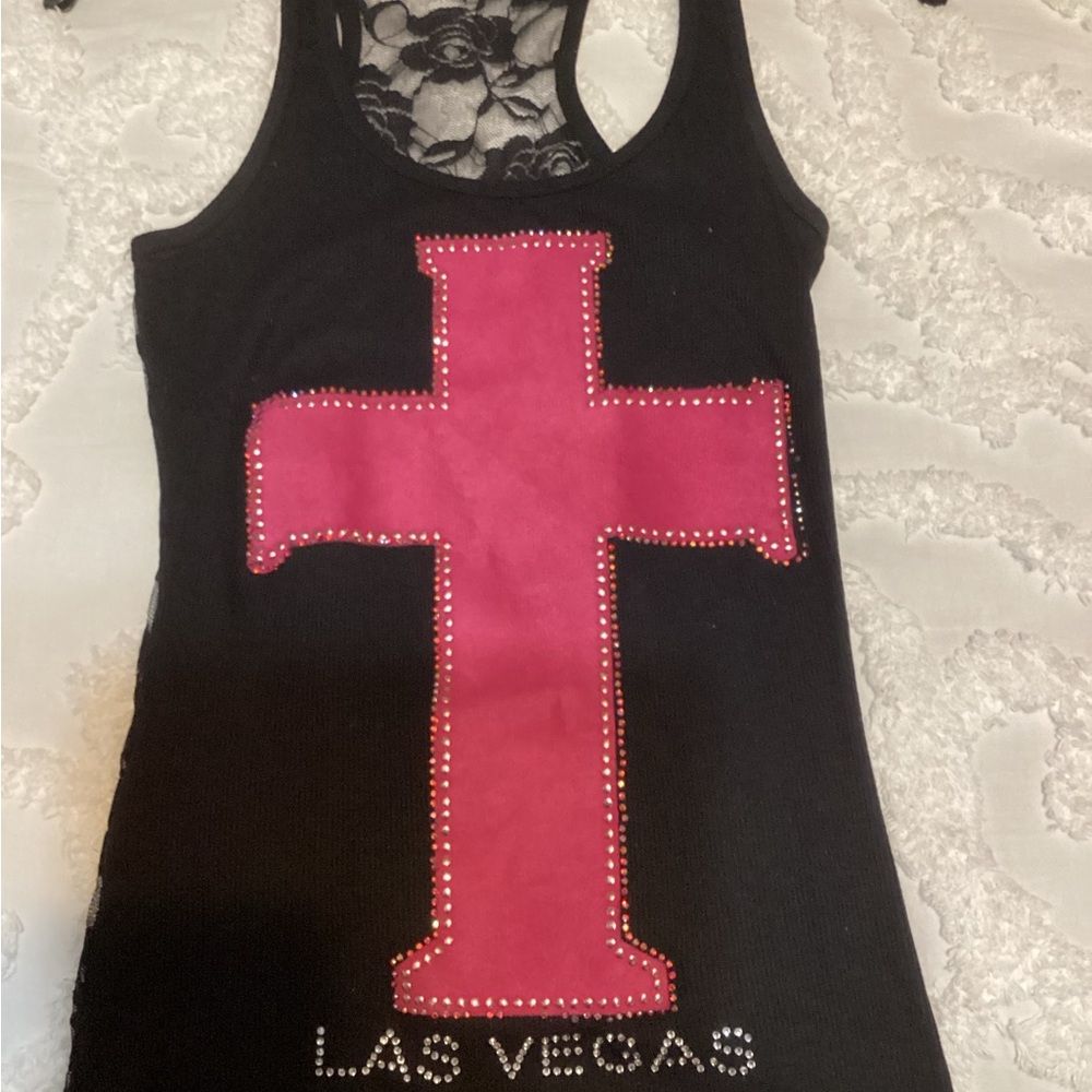Black Tank Top with Pink Cross Design